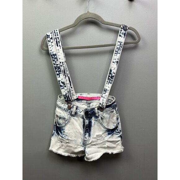 Tinseltown Denim Acid Washed‎ Bib Overall Jean Shorts Shortalls Womens XS - Picture 1 of 6